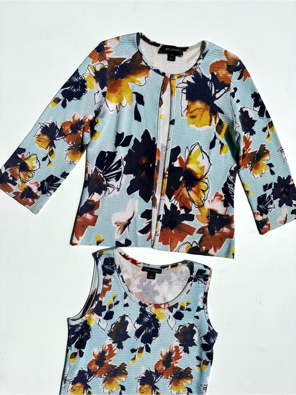 St. John Knit Tank & Cardigan Jacket Twin Set, Light Blue Orange Brown Floral, P